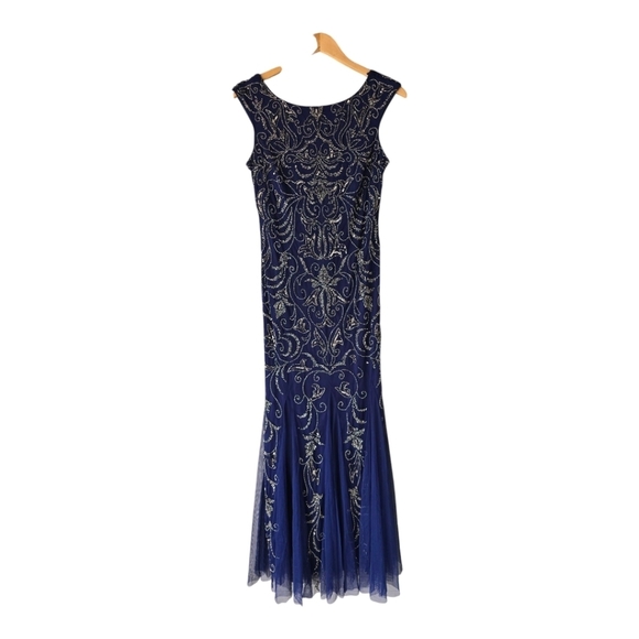 Adrianna Pappel Hand Beaded Maxi Dress Women Sz 6 Maxi Gown Blue Sheer Formal - Picture 1 of 12